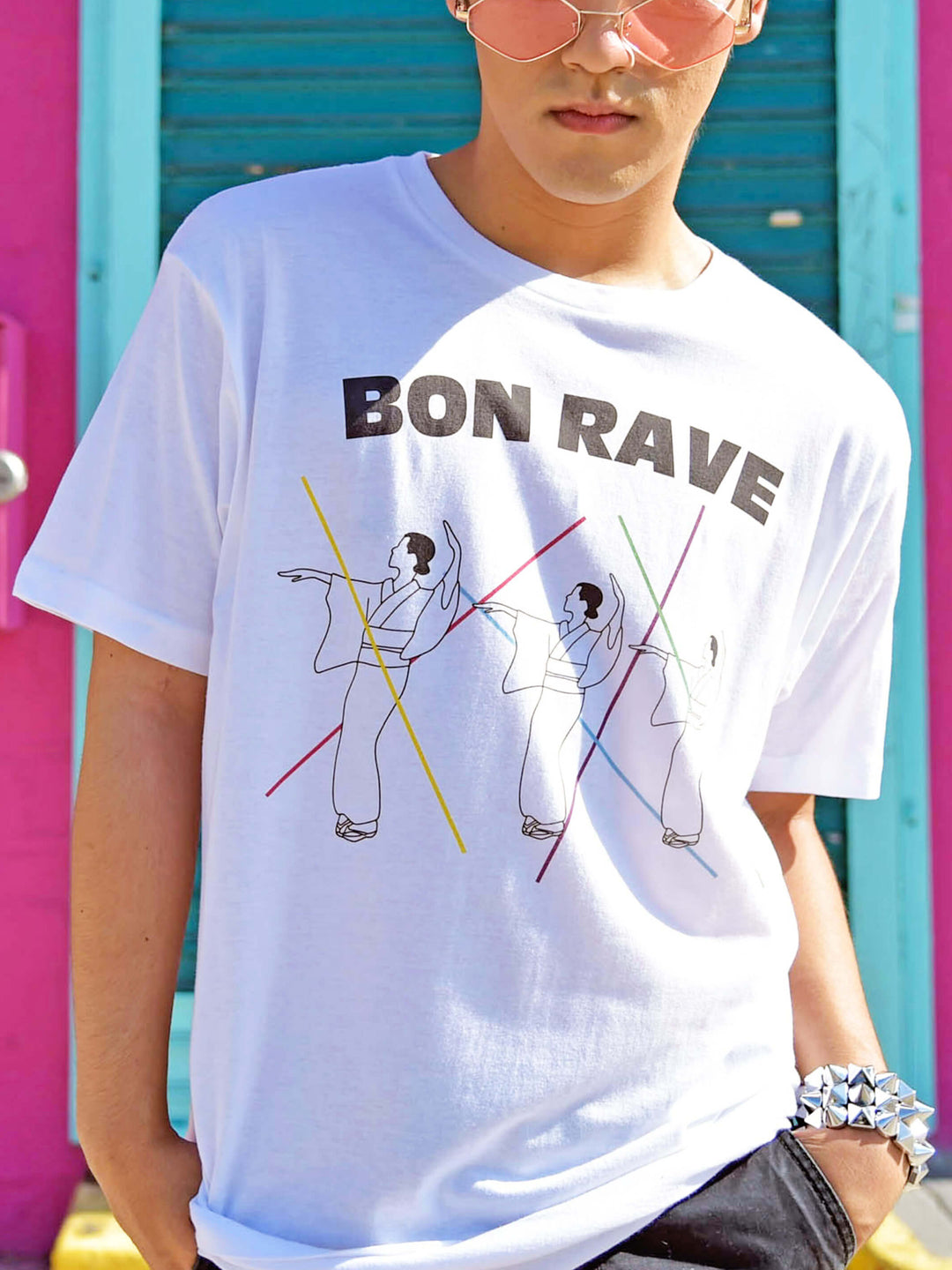 Bon Rave white graphic t-shirt.