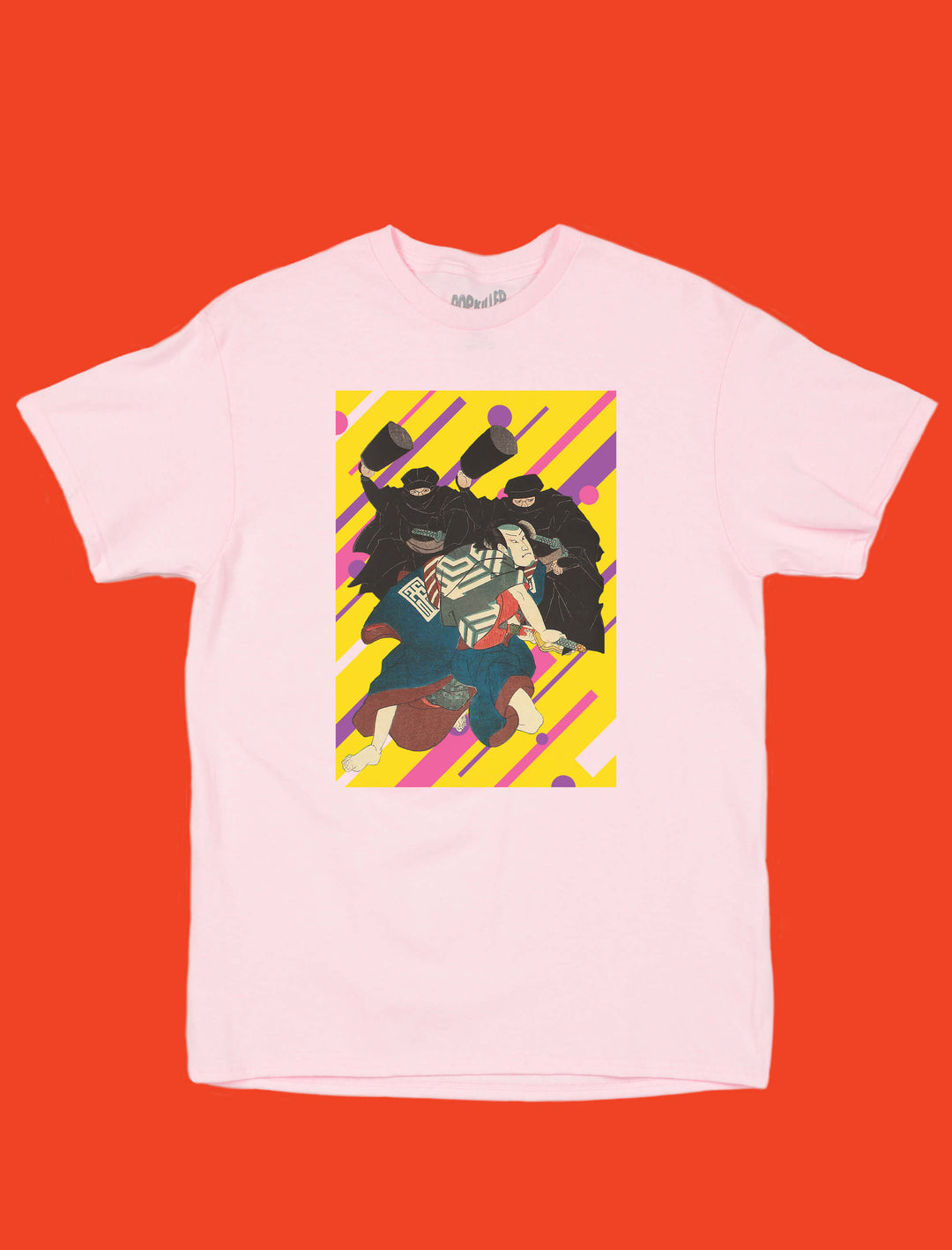 Pink 80s Memphis style ninjas graphic t-shirt.