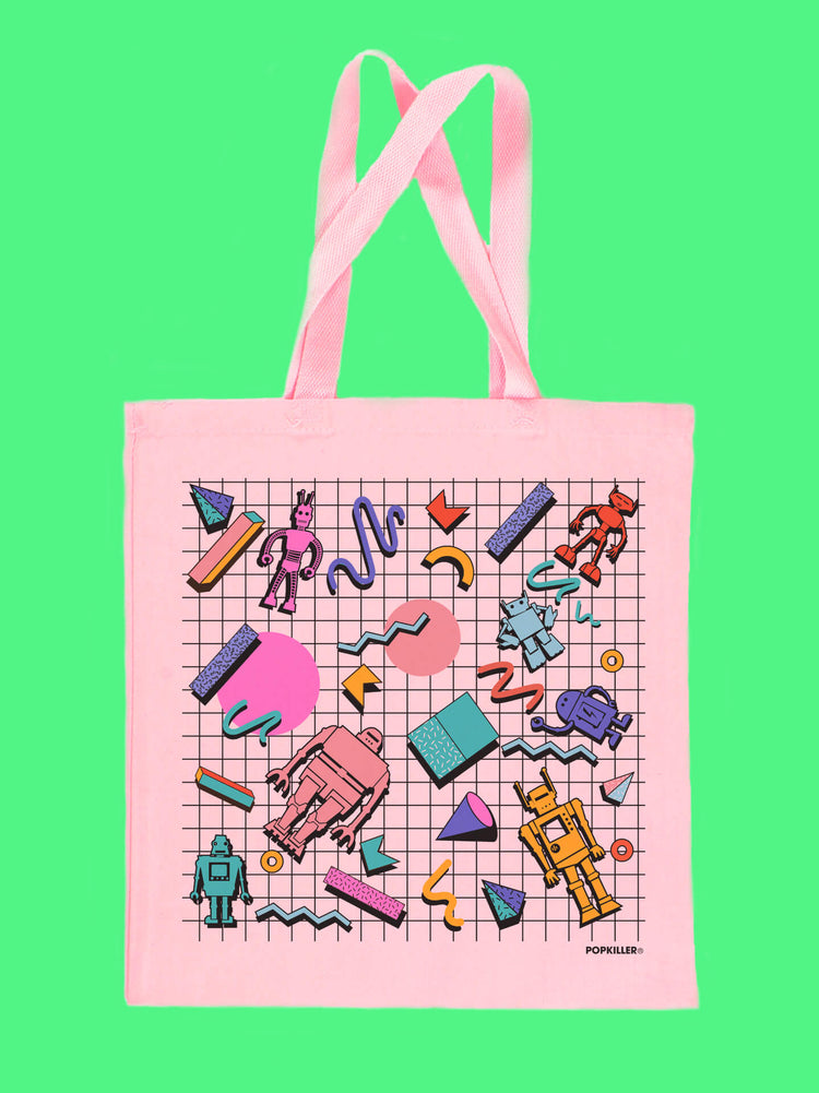Vaporwave aesthetic memphis style robot toys pink tote bag.
