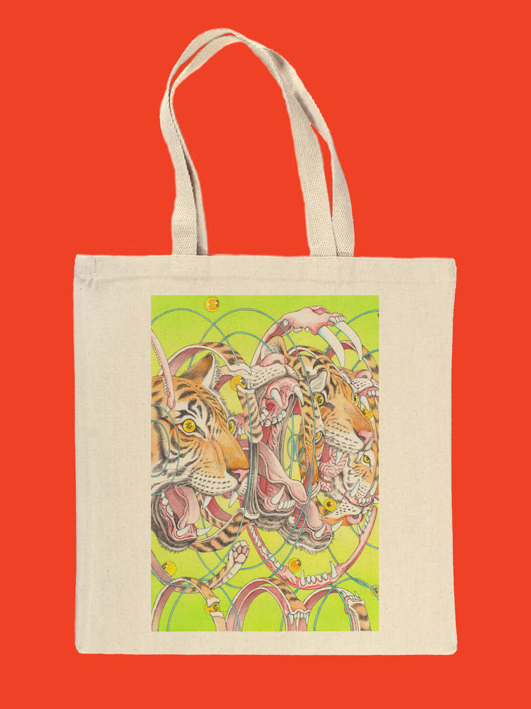 Psychedlic tiger horror manga gore designed canvas tote by Japanese mangaka Shintaro Kago.