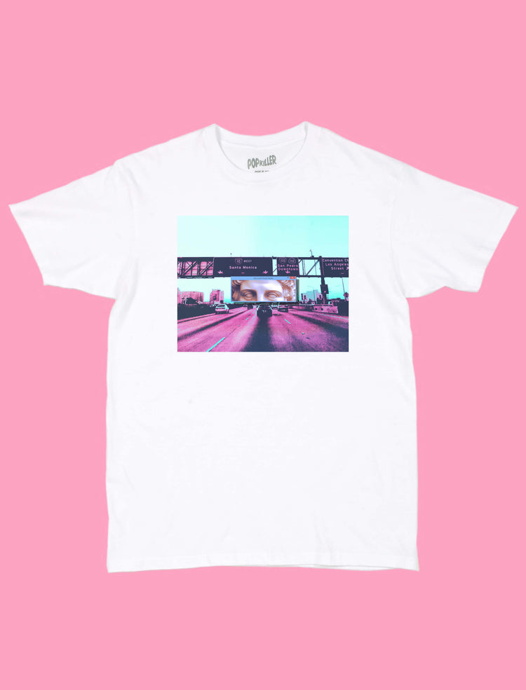 Cyberpunk Hollywood highway white graphic tee.