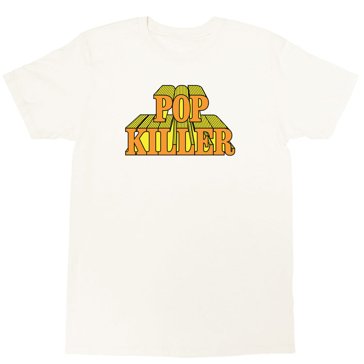 Cream graphic t-shirt with a cartoon logo by Los Angeles brand Popkiller.