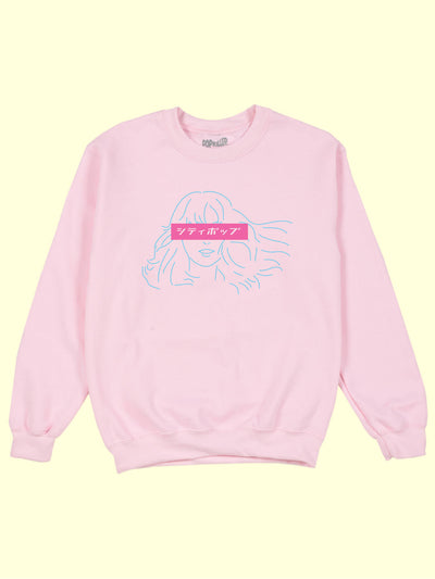 A pink sweater with a City Pop song Plastic Love illustration on it.