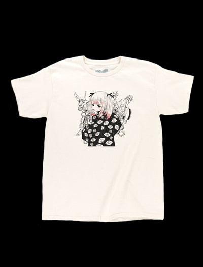 Beige Cyberpunk anime girl tee by Japanese artist Acky Bright.
