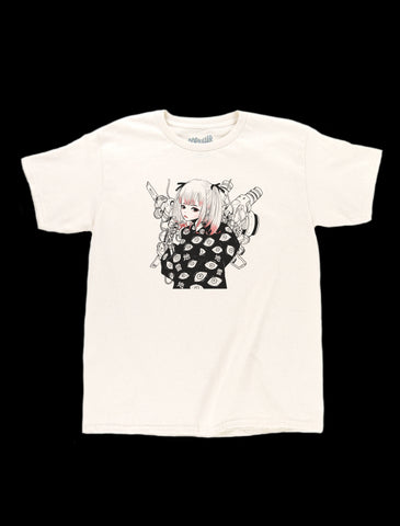 Beige Cyberpunk anime girl tee by Japanese artist Acky Bright.