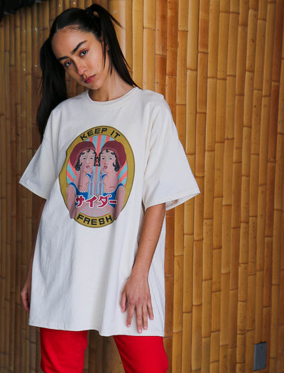 Showa era advertisement ramune twins keeping it fresh graphic apparel design by Japanese aki ajuin.