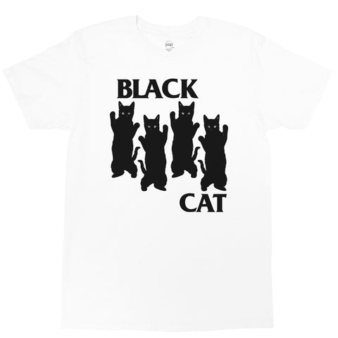 White graphic t-shirt with a Black Flag punk band parody by LA brand Popkiller.