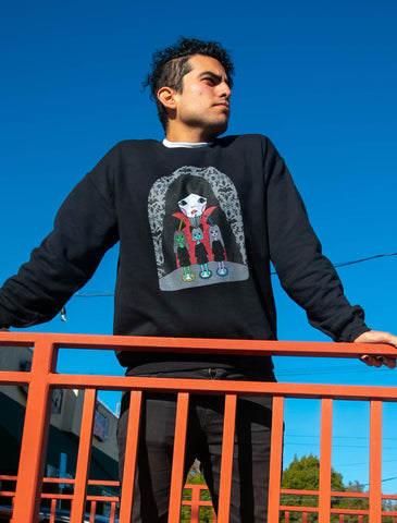 Model wearing kawaii goth vampire sweatshirt.