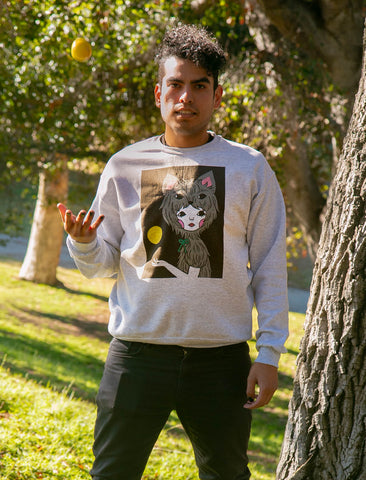 Model wearing a cute werewolf sweater designed by Popkiller artist Naoshi.