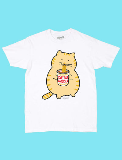 Kawaii ramen neko cat white graphic tee by Japanese artist Debuneko.