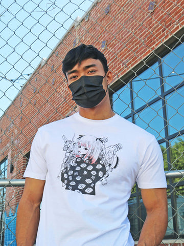 White Cyberpunk anime girl graphic tee by Japanese artist Acky Bright.