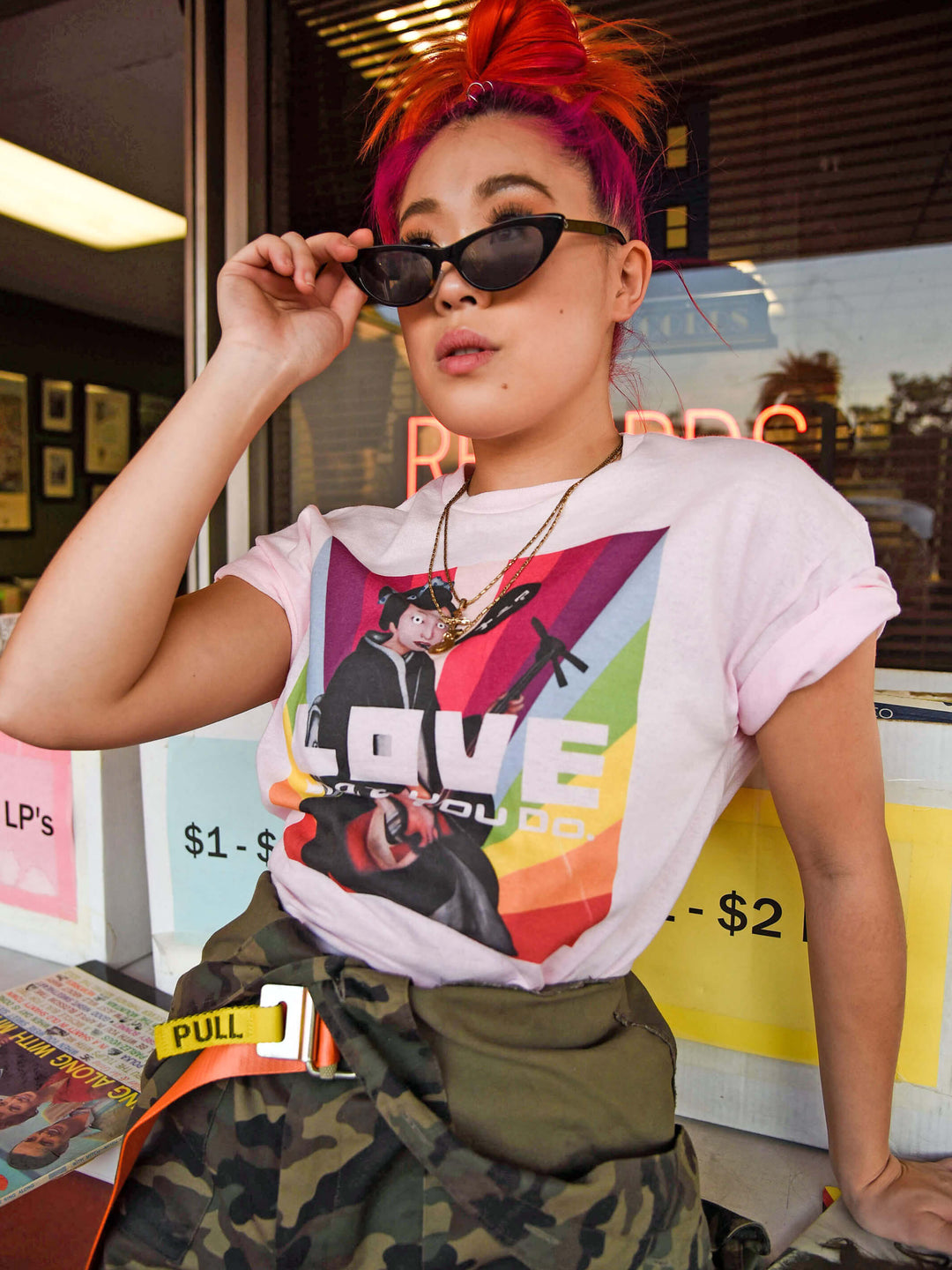 Model wearing cool rainbow geisha t-shirt.