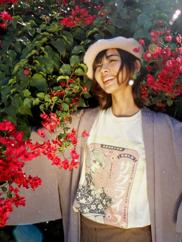 Kawaii school girl graphic tee by Japanese artist Anraku.