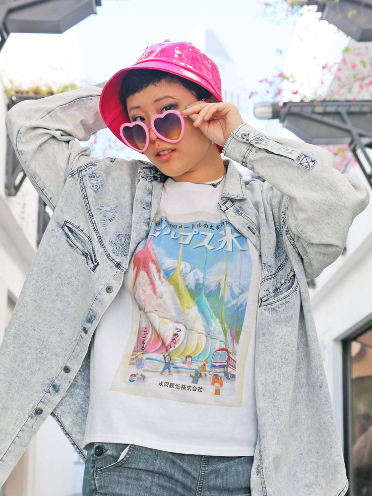 Model wearing a surreal Japanese shaved ice illustrated t-shirt.
