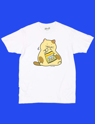 Kawaii lazy cat graphic tee by Japanese artist Debuneko.