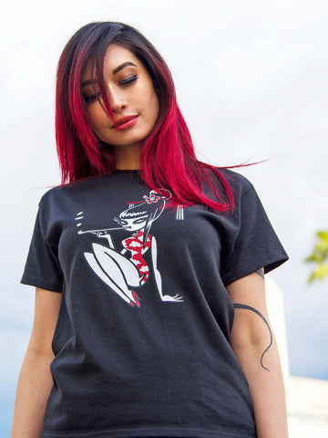 Goth cartoon Chinese girl graphic t-shirt.
