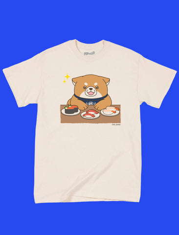 Kawaii shiba inu eating sushi graphic t-shirt.