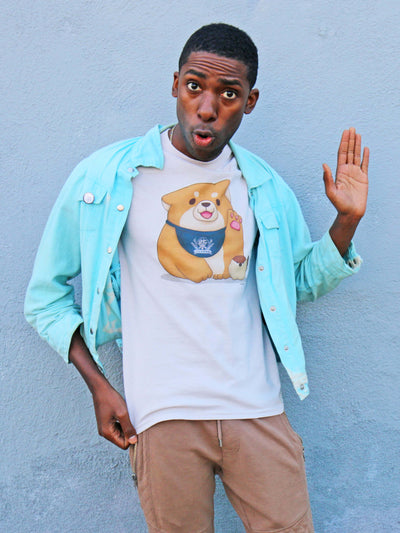 Kawaii shiba inu and bird graphic tee by Japanese artist Mochishiba.