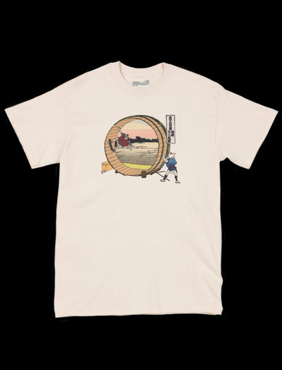 Ancient Japanese men skateboarding in a sake barrel t-shirt.