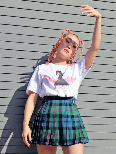 Model wearing a gothic lolita anime girl graphic t-shirt.