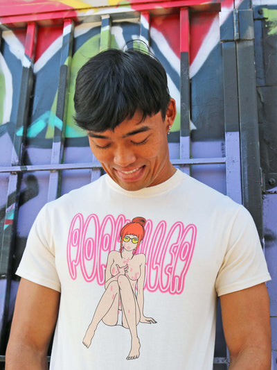 Model wearing a hentai anime t-shirt.