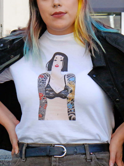 White graphic tee with a tattooed anime girl by Japanese artist Sagaken.