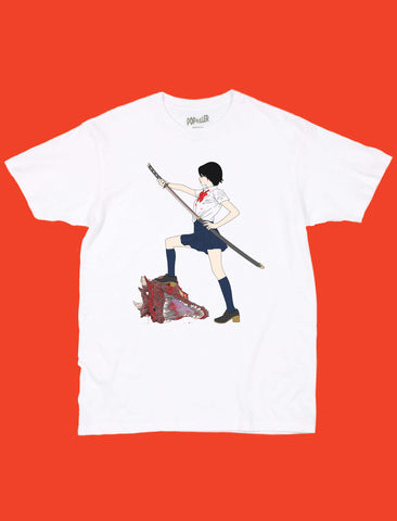 Samurai dragon slayer school girl graphic t-shirt.