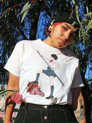 Model wearing badass anime girl graphic t-shirt.