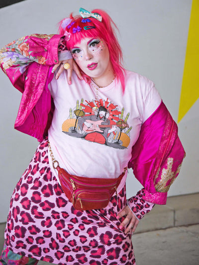 Model wearing a pop art Japanese t-shirt.
