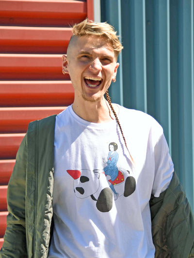 Model wearing an anime panda girl t-shirt.