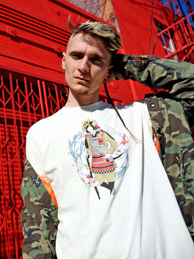 Cream samurai anime girl graphic tee by Japanese artist Sci Fi Girl.