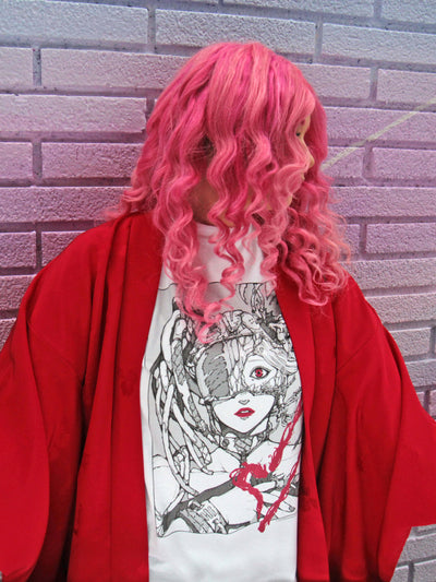 Model wearing an anime robot girl t-shirt.