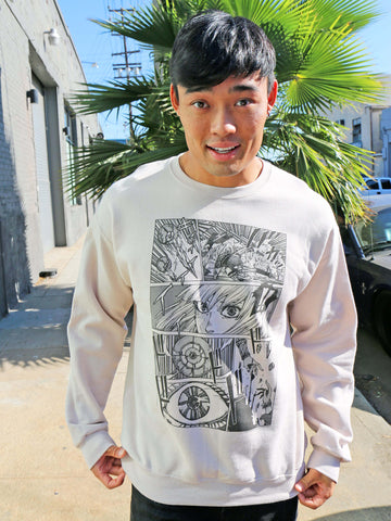 Model wearing a manga panel sweater.