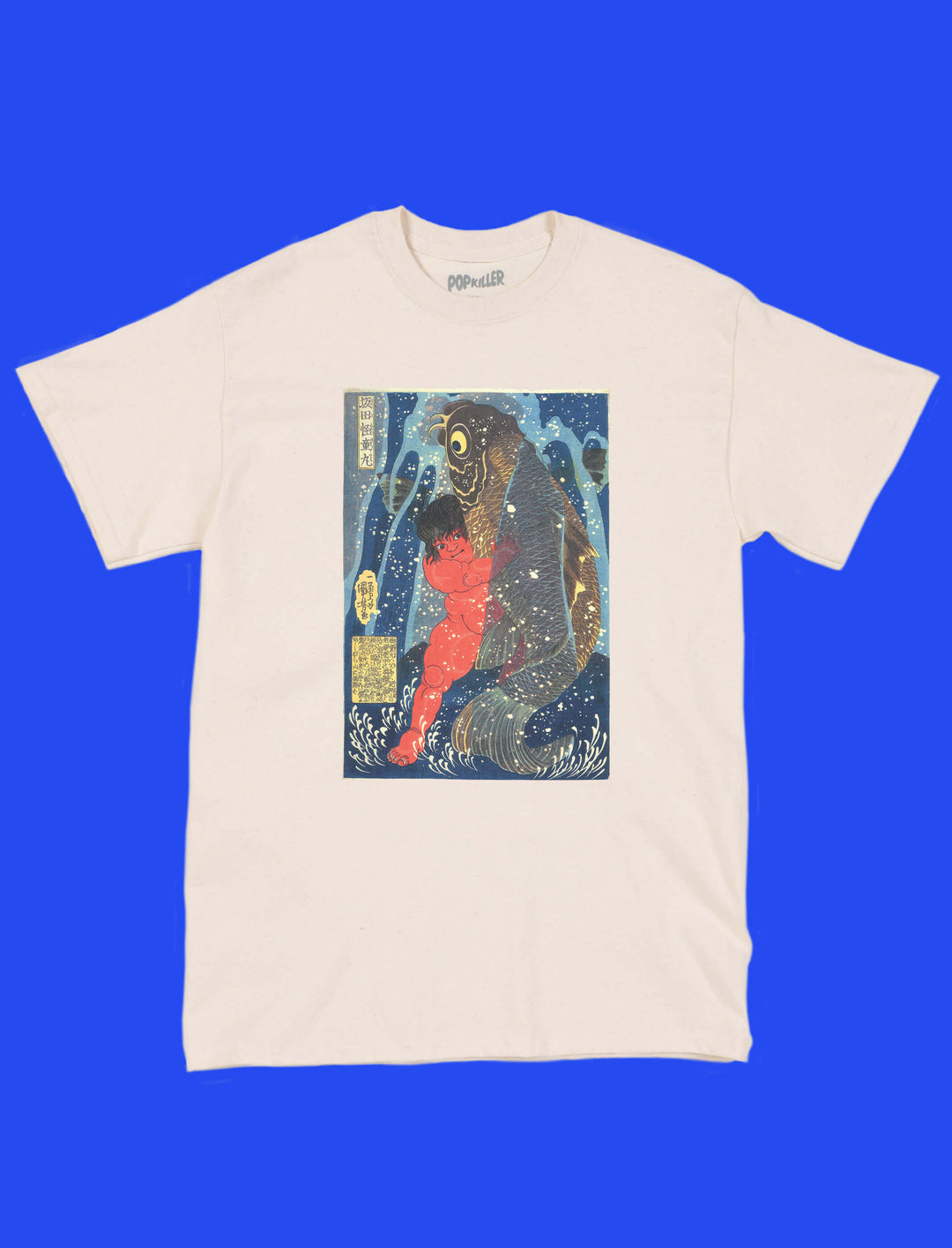 A beige t-shirt with traditional Japanese folklore depicted on it.