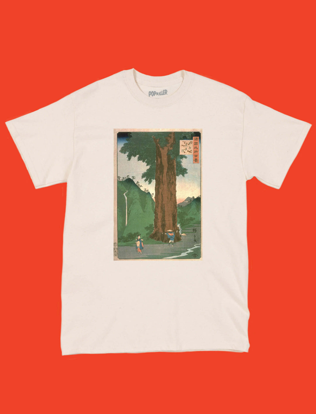 A beige t-shirt with a traditional ukiyoe tree print.