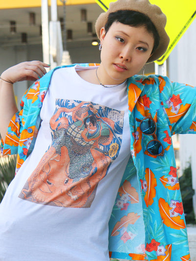 A white t-shirt with a samurai fighting an octopus on it.