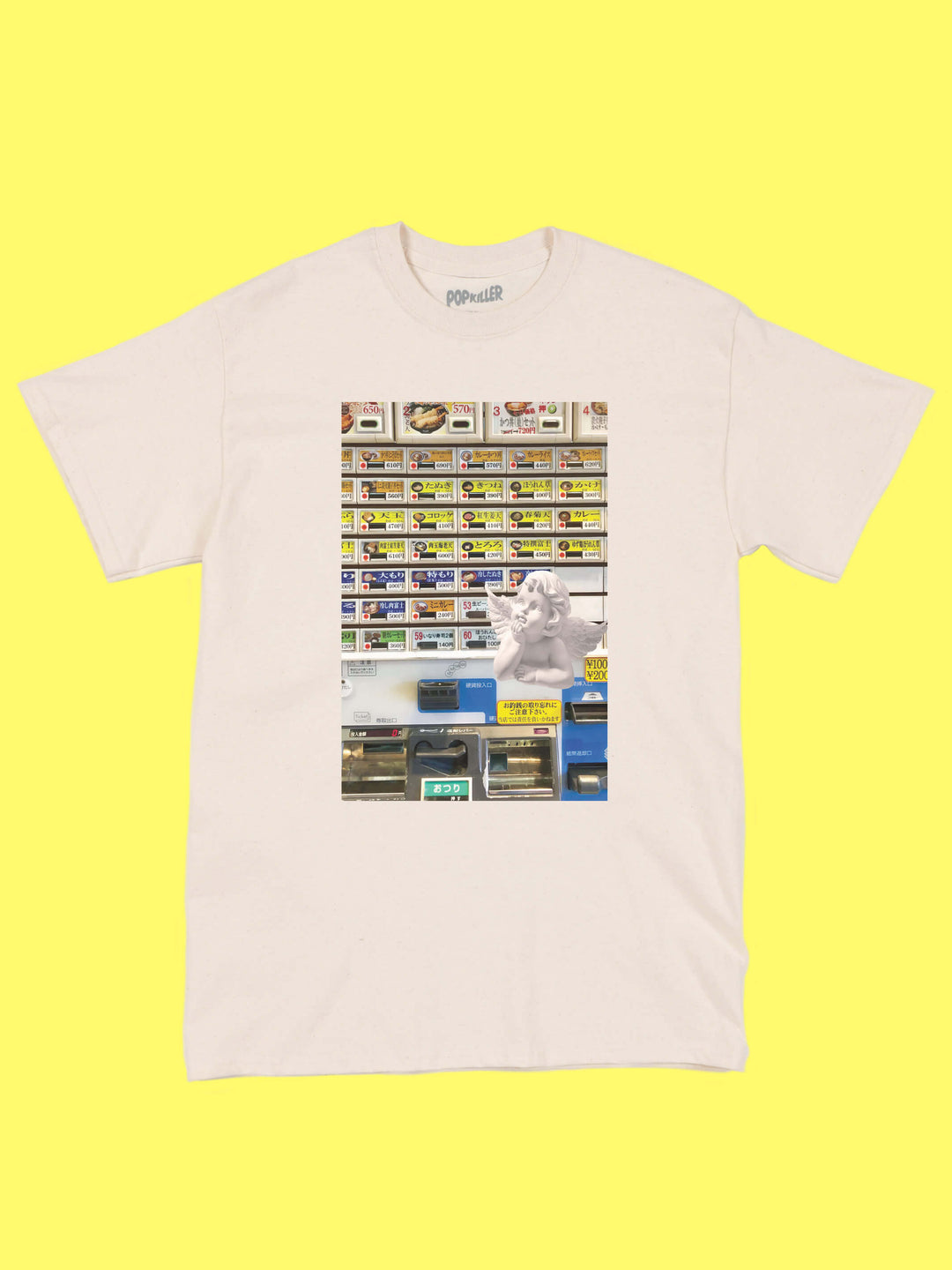 A beige t-shirt with a vaporwave photo of a Japanese vending machine on it.