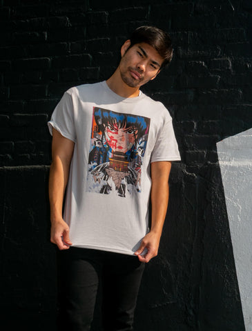 Model wearing a cyberpunk aesthetic graphic tee designed by Jeremy Gdalia.