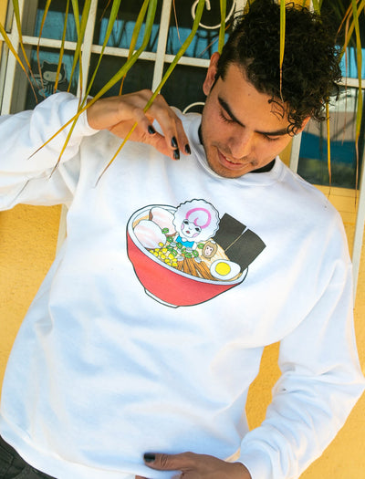 Model wearing yummy cartoon style ramen sweatshirt design.