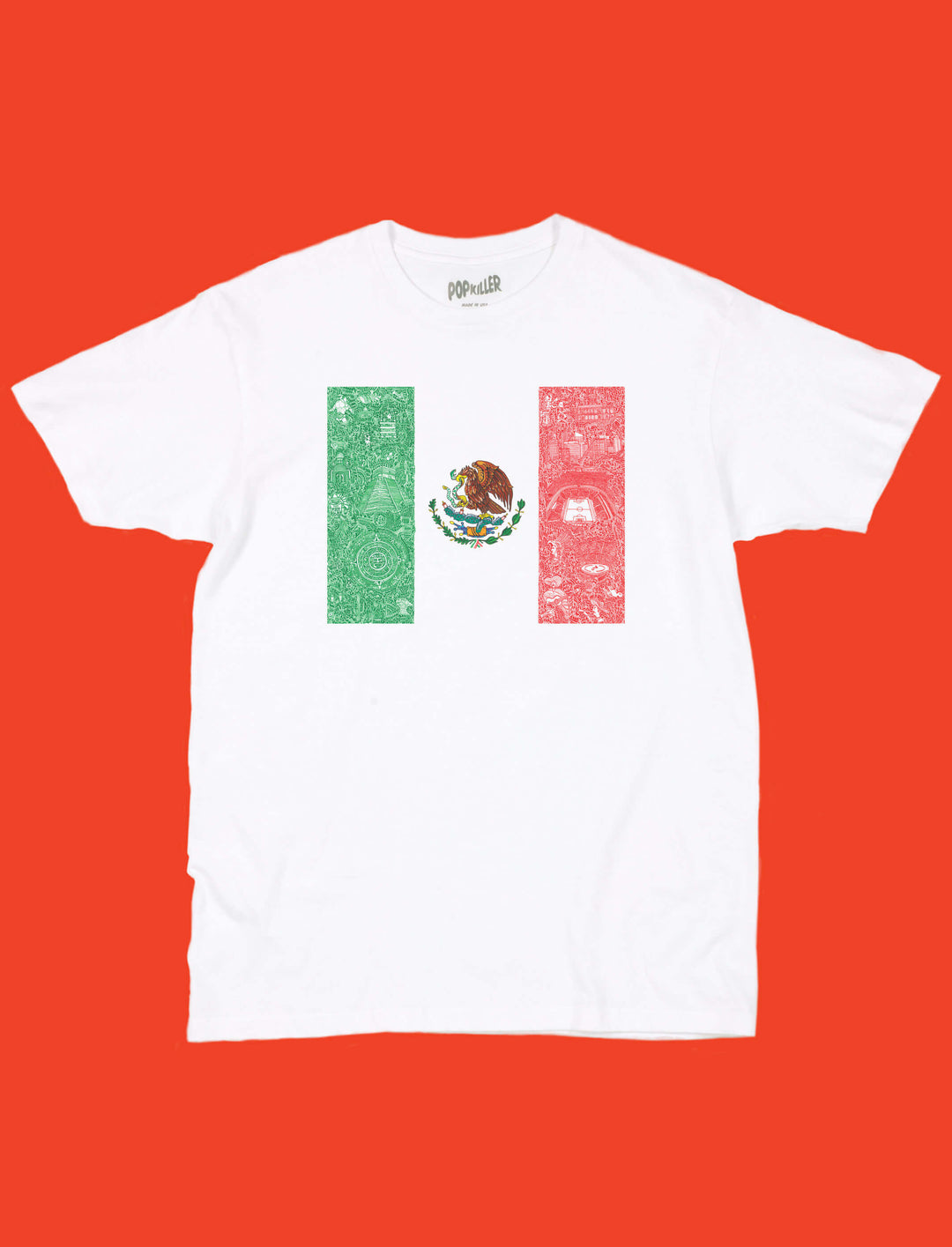 illustrated flag of Mexico graphic t-shirt.