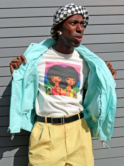 Beige graphic t-shirt with Black Lives Matter art by LA artist Naoshi.