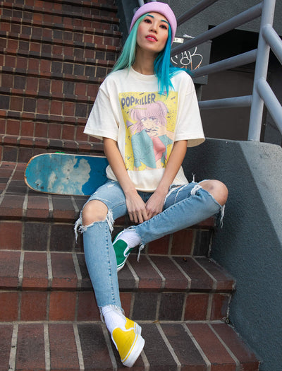 Model wearing Japanese vintage manga inspired anime babe graphic apparel.