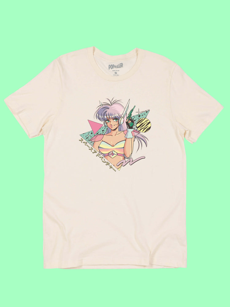 Cream graphic T-shirt with retro anime girl by 80s artist Mizucat.