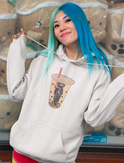Model wearing a bubble tea ninja design by Japanese sand artist Naoshi on a hoodie.