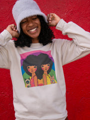 Model wearing gay pride we love rainbow sweatshirt designed by sunae artist Naoshi.