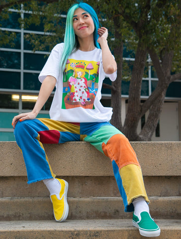 Model wearing the empress tarot card cute cartoony graphic tee.