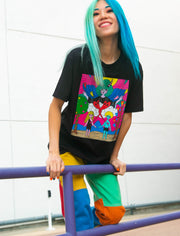 Model wearing cute Japanese sand color cartoony the lovers tarot card design apparel.
