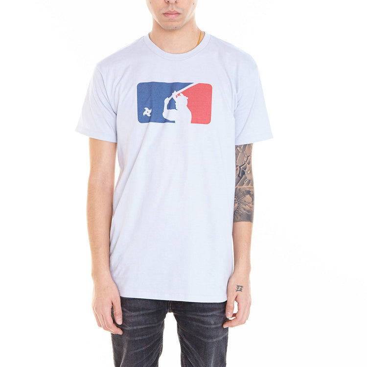Grey samurai baseball league t-shirt.