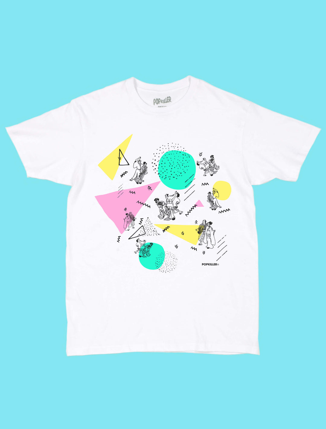 White Japanese Memphis style graphic t-shirt.