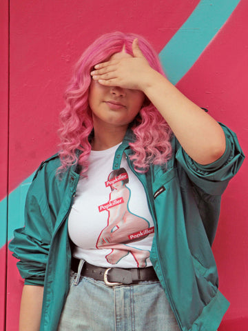White graphic tee with a hentai girl by Los Angeles brand Popkiller.